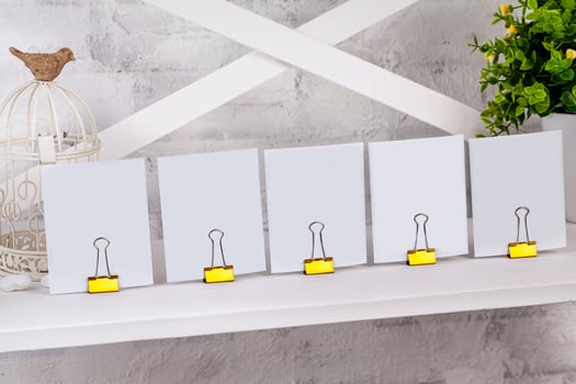 Blank pieces of paper clamped by binder clips on white shelf next to artificial green plant in pot and bird sitting on cage. Close up, copy space photo
