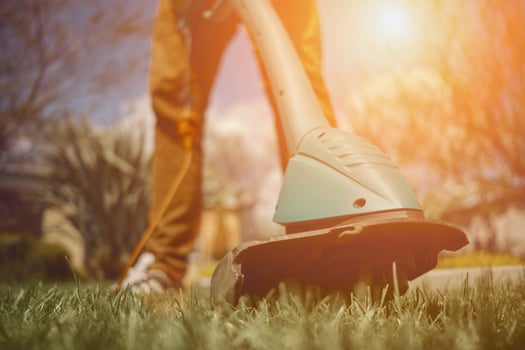 Male in casual outfit is mowing green grass with handheld electric lawn mower on his backyard. Gardening care tools and services. Close up photo