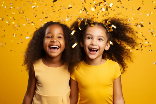 Happy girl with confetti on yellow background. AI Generative photo
