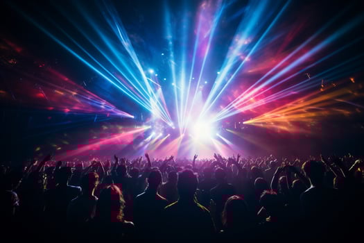 Rear view of  the crowd of people at a party at a concert stage at a music festival, AI Generative photo