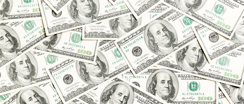 Top view of American money background. Pile of dollar cash. Paper banknotes concept photo