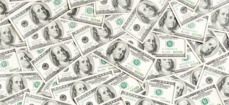 Top view of American money background. Pile of dollar cash. Paper banknotes concept photo