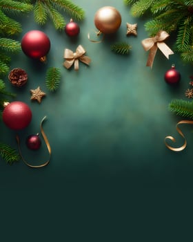 Christmas decorations on green background, christmas greetings mockup. AI Generative photo