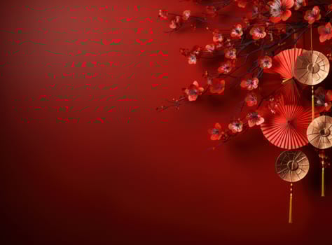 chinese lanterns with fan background on a red background photo
