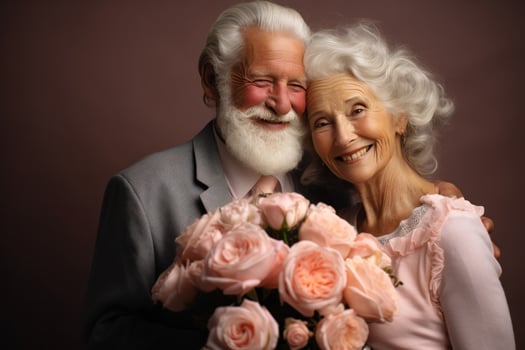 senior couple enjoying a bouquet each other love photo