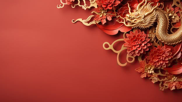 Chinese New Year red background with gold dragon with large copyspace area photo