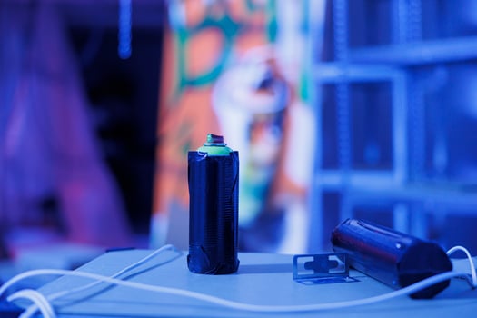 Graffiti spray paint bottles in neglected urban warehouse illuminated by fluorescent blue neon lights. Containers with aerosols glowing in the dark, fluorescent lights in ghetto space. Close up. photo