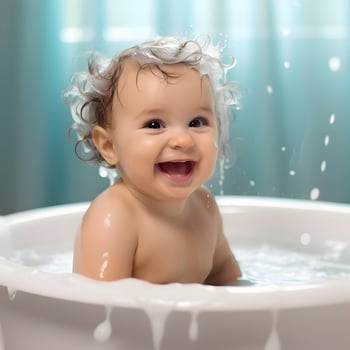 Cute smiling baby in the bathtub. High quality. AI Generative photo