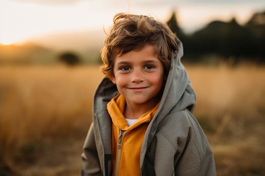 Portrait of a cute boy looking at camera while near his tent in nature AI generated photo