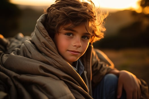 Portrait of a cute boy looking at camera while near his tent in nature AI generated photo