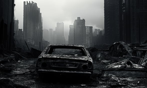 Burnt-out police car in an a city street backdrop. AI generative. photo