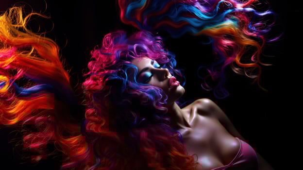 Beautiful young woman with colorful hair on black background. photo
