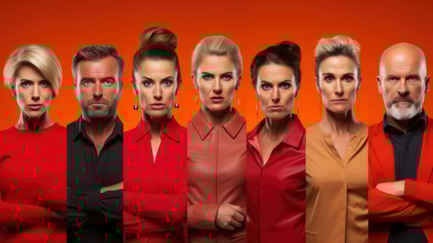 Group of people in front of a orange background with different angry brutal facial expressions. photo