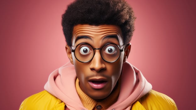 Surprised african american man in yellow jacket and glasses against pink background, close up. photo