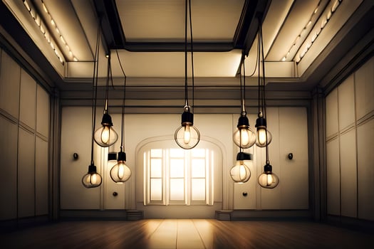 a room with several light bulbs hanging from the ceiling. AI-Generated photo