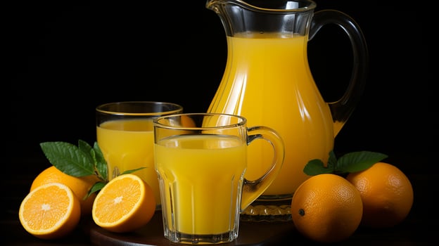 Still life with lemon juice and lemons, AI Generated photo