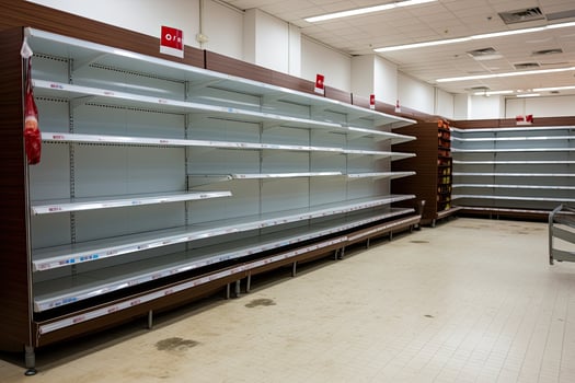 Interior of a modern supermarket with shelves and shelves for sale, Food shortage in a generic supermarket. Empty shelves, AI Generated photo