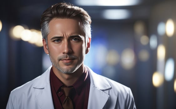 A portrait of doctor with white coat, standing in a dark blue room with ceiling lights - Ai Generative photo