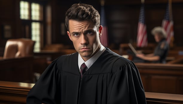 A male lawyer stands confidently in the courtroom, a portrait capturing his professionalism and dedication to the law. Generative Ai. photo