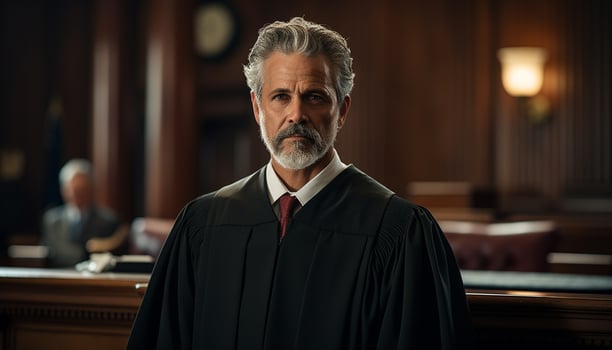 A male lawyer stands confidently in the courtroom, a portrait capturing his professionalism and dedication to the law. Generative Ai. photo