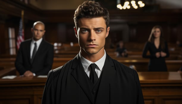 A male lawyer stands confidently in the courtroom, a portrait capturing his professionalism and dedication to the law. Generative Ai. photo