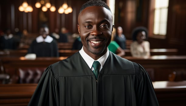 A male lawyer stands confidently in the courtroom, a portrait capturing his professionalism and dedication to the law. Generative Ai. photo