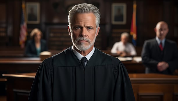 A male lawyer stands confidently in the courtroom, a portrait capturing his professionalism and dedication to the law. Generative Ai. photo