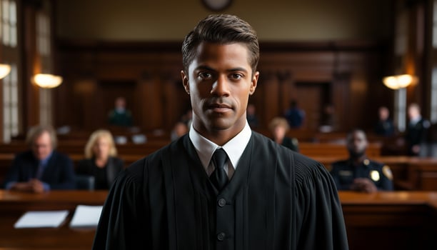 A male lawyer stands confidently in the courtroom, a portrait capturing his professionalism and dedication to the law. Generative Ai. photo