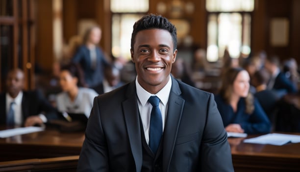 A male lawyer stands confidently in the courtroom, a portrait capturing his professionalism and dedication to the law. Generative Ai. photo