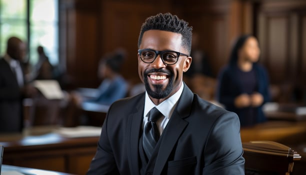 A male lawyer stands confidently in the courtroom, a portrait capturing his professionalism and dedication to the law. Generative Ai. photo