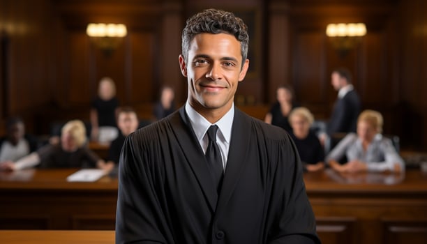 A male lawyer stands confidently in the courtroom, a portrait capturing his professionalism and dedication to the law. Generative Ai. photo