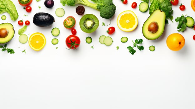 Flat Lay Photo of Various Vegetables and Fruits on the White Background, Healthy Life Concept
