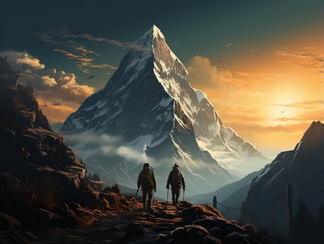 Mountain climbers with mountains in the background AI Generative photo