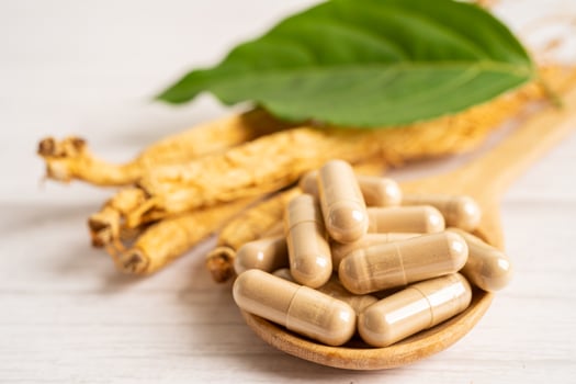 Ginseng, dried vegetable herb. Healthy food famous export food in Korea country. photo