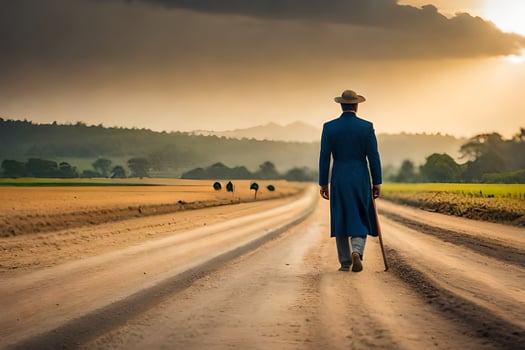 a man in a blue suit walks down a dirt road. AI-Generated photo
