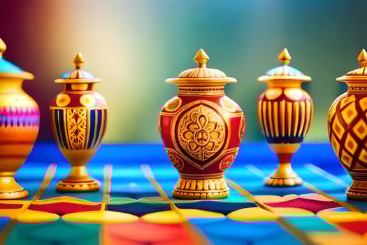 colorful vases on a blue table. AI-Generated photo