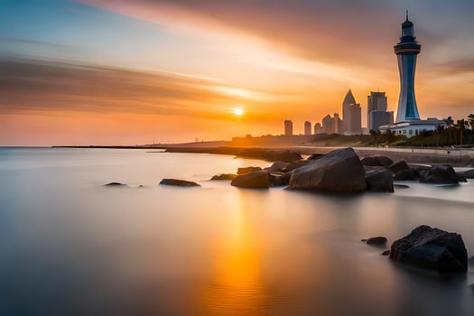 the sun sets over the city skyline and the water. AI-Generated photo