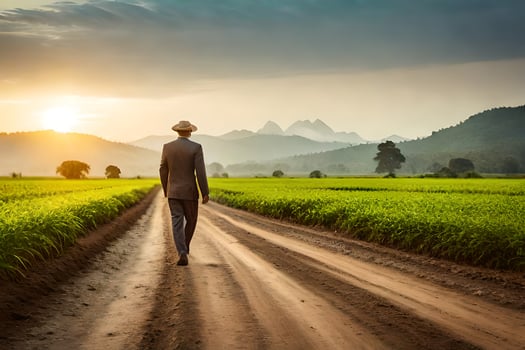 a man in a hat walks down a dirt road in a field. AI-Generated photo