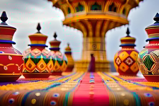 colorful vases on a table with a tower in the background. AI-Generated photo