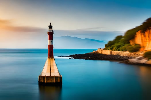 a lighthouse stands on a pier in the ocean. AI-Generated photo