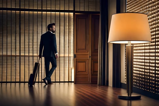 a man in a suit is walking through a room with a lamp. AI-Generated photo
