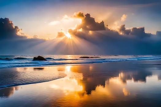 sunset on the beach with clouds and water. AI-Generated photo