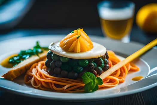 a plate with spaghetti and an orange on top. AI-Generated photo