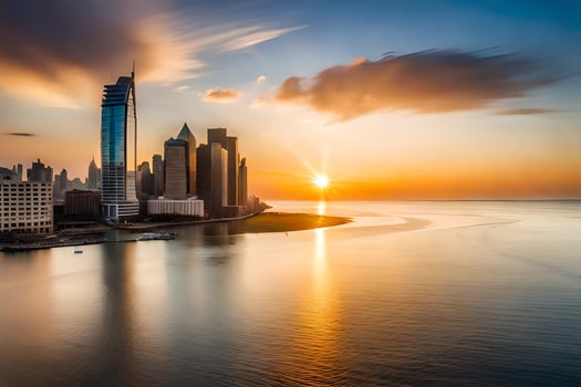 the sun rises over the city skyline in this photo. AI-Generated photo
