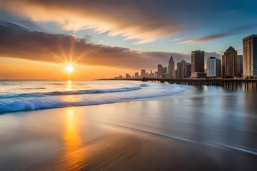 the sun sets over the city skyline in dubai. AI-Generated photo