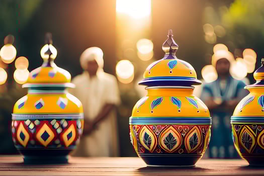 three colorful vases on a table with people in the background. AI-Generated photo