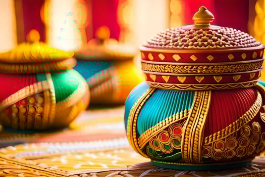 colorful indian pottery on a table. AI-Generated photo