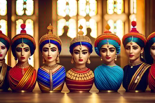 a row of colorful dolls with different headdresses. AI-Generated photo