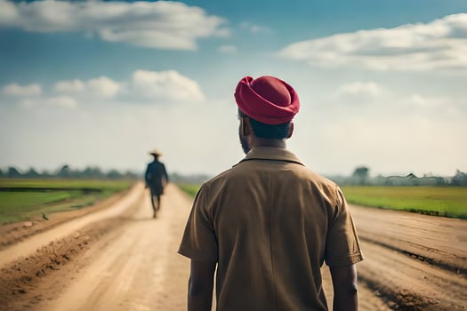 a man in a red hat walking down a dirt road. AI-Generated photo