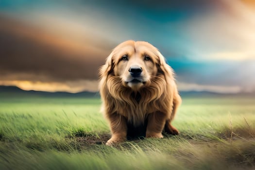 a golden retriever sitting in the grass. AI-Generated photo